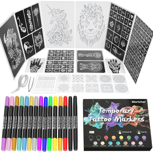 Moricher Temporary Tattoo Kit - 15 Body Markers + 132 Reusable Stencils + Face Gems, Cosmetic Grade Dual-ended Tattoo Pens, A4 Henna Tattoo Templa...