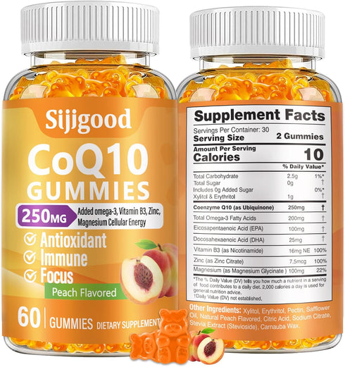 CoQ10 Gummies 250mg, Plus Omega-3, Vitamin B3 & Zinc, Magnesium, High Absorption Coenzyme Q10 Supplements for Boost Cellular Energy, Potent Antiox...