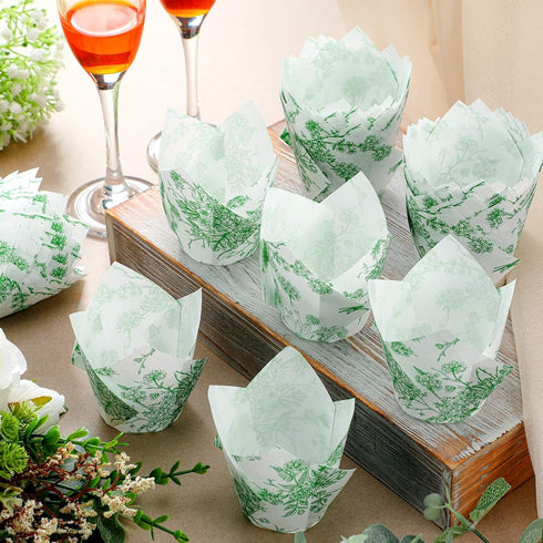 Gerrii 200 Pcs Green Flower Tulip Cupcake Liners Paper Baking Cups Cupcake Wrappers Tea Parties Mini Muffin Case Trays for Wedding Bridal Party Ba...