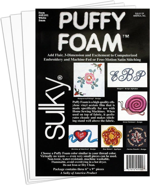 Sulky Of America 3mm Puffy Foam, 6" by 9", White...