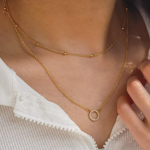 Cowlyn Dainty Layered Necklace Sparkle CZ Circle Pendant Handmade 14k Gold Plated Chain Multilayer Satellite Bead Choker Simple Cute Jewelry Etern...