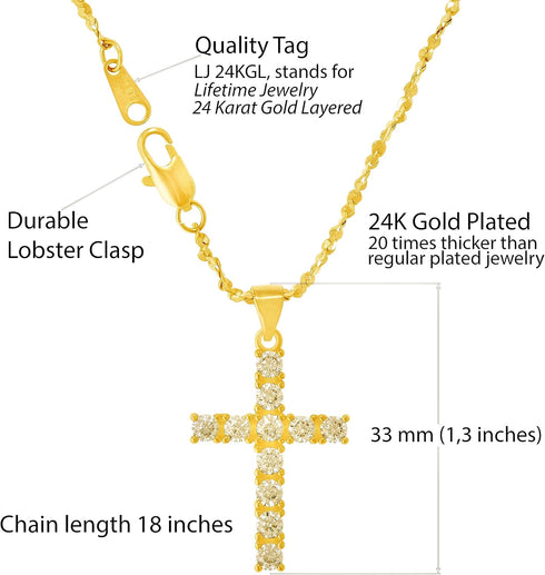 LIFETIME JEWELRY Cubic Zirconia Cross Necklace for Women & Men 24k Gold Plated...