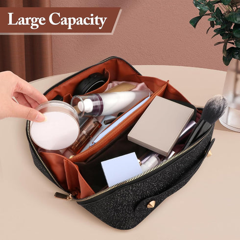 Large Capacity Travel Cosmetic Bag - Lay Flat Makeup Bag with Handle and Compartment Large Opening Sparkly Glitter Cosmetics Organizer for Girl, B...