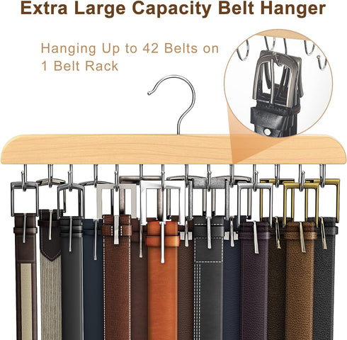 Belt Hanger for Closet, Sturdy Wood Belt Rack Closet Accessories with 14 Hooks Belt Organizer for Closet Organizers and Storage Max 42 Belts...
