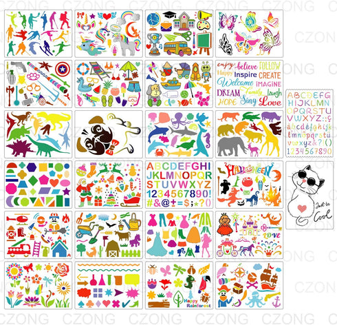 26 Pieces 10 x 7 Inch Drawing Stencil Set for Kids Over 400 Patterns Animals Letters Flowers Dinosaur Christmas Painting Coloring Templates for Ed...