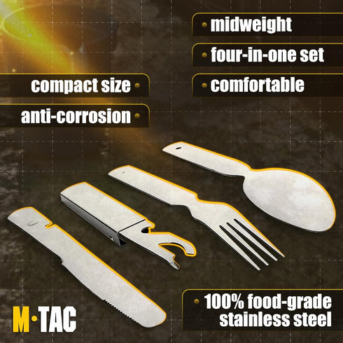 M-Tac 4 in 1 Camping Military Flatware Set - Stainless Steel Travel Cutlery Tools - Portable Folding Spoon Knife Fork Bottle Can Opener...
