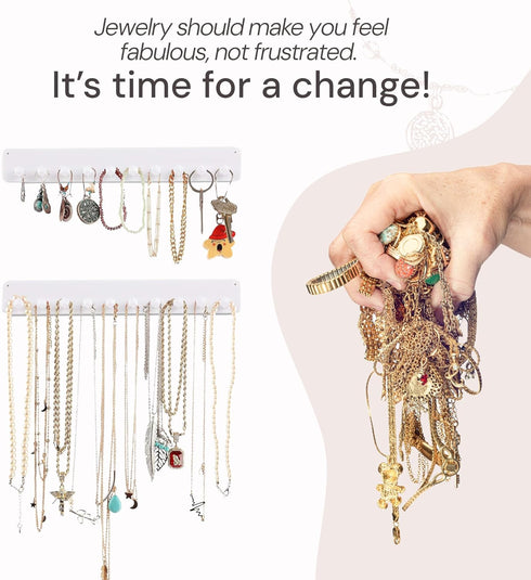 Boxy Concepts 2-Pack Necklace Organizer & Jewelry Storage - 10.5 in x 1.5 in White Wall-Mount Hanging Jewelry Organizer - 10 Hooks for Necklaces, ...