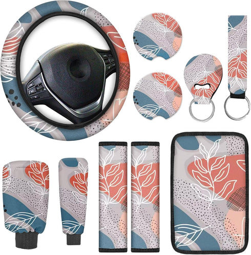 10 Pieces Abstract Painting Art Printing Car Steering Wheel Cover Center Console Armrest Pad Headrest Seat Belt Cover Handbrake Cover Keychain Coa...