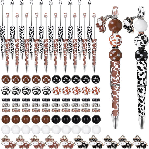 Whaline 110Pcs Cow Beadable Pens Black and Brown Cow Print DIY Pens with 30Pcs Spacer Beads 40Pcs Wooden Beads 10Pcs Cow Pendant for Student Offic...