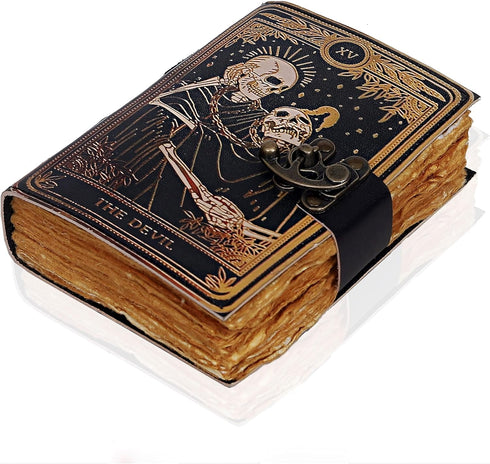 VC Book of Spells Leather Journal Deckle Edge Paper Grimoire Printed Journal The Devil Tarot Notebook Spiral Gothic Notebook Skull lover Antique V...