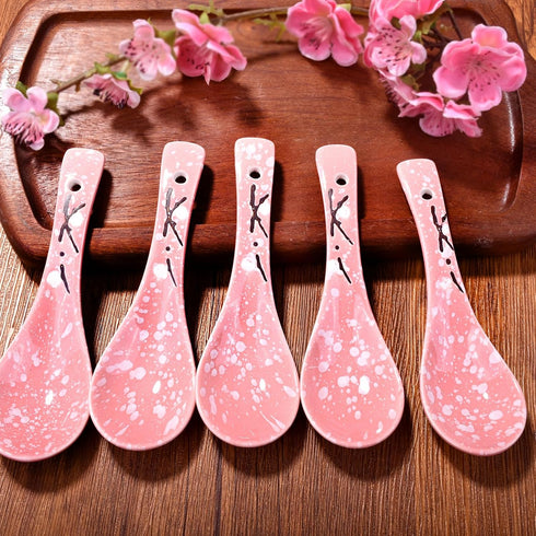 Japanese Soup Spoons Set of 5, Pink Ceramic Spoon for Soup, Ramen, Pho, Gravy, Cake, Oatmeal, Chaos, Dumplings,Salad...