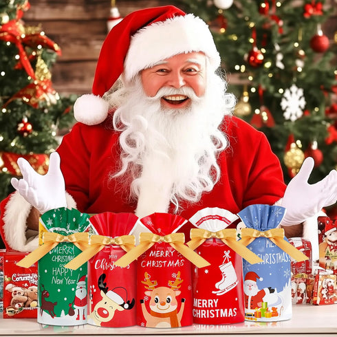 DLY 50 Pcs Christmas Candy Bag Christmas Treat Bags Candy Goodies Plastic Drawstring Gift Bags Merry Christmas Treat Bags for Birthday Party Snack...