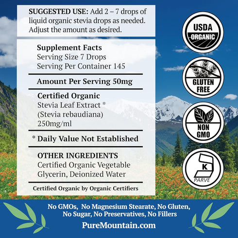 Pure Mountain Botanicals Organic Liquid Stevia Sweetener – Alcohol Free and Kosher Sweet Sugar Substitute Stevia Drops - 1oz Glass Bottle...