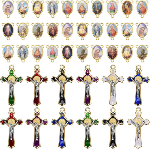 24Pcs/12Set Saint Benedict Rosary Cross and Centre Medal Charms Alloy Religion Enamel Virgin Mary Charm Pendant For Diy Jewelry Making Kit Supplie...