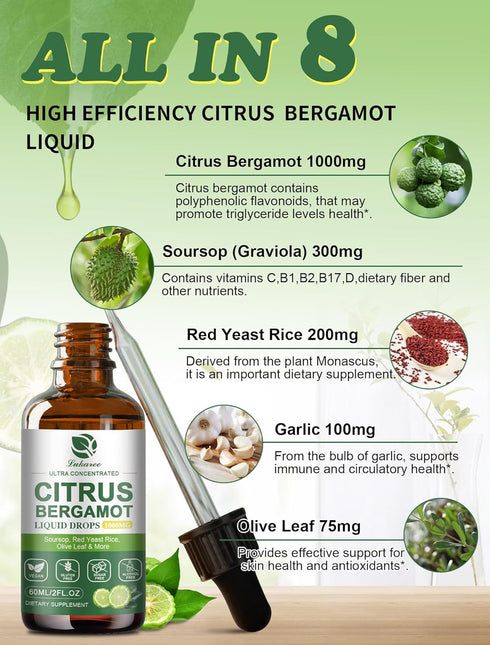 Citrus Bergamot Liquid Drops 1000mg - Natural Supplement with Soursop, Red Yeast Rice, Garlic, Olive Leaf, Black Pepper - High Absorption - Suppor...