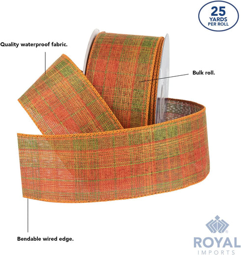 Royal Imports Fall Checkered Plaid Print Ribbon Wired, Orange/Green, 2.5" (#40) for Bow Making, Gift Wrapping, Wreaths, 25 Yd Roll (75 Ft Spool)...