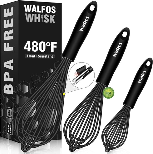 Walfos Silicone Whisk,Stainless Steel Wire Whisk Set of 3 -Heat Resistant 480°F Kitchen Whisks for Non-stick Cookware,Balloon Egg Beater Perfect f...