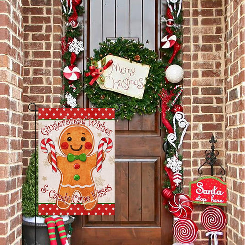 Christmas Gingerbread Wishes and Candy Cane Kisses Decorative Burlap Garden Flag, Xmas Home Yard Small Outdoor Decor, Winter Outside Decoration Do...