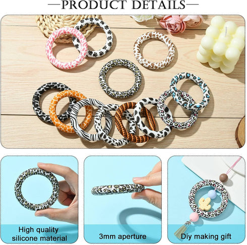 Stiesy 12 Pcs 12 Styles Animal Skin Printed Silicone Beads Ring Beadable O Ring 65mm Soft Silicone Focal Beads Bulk for Keychain Home Hanging Orna...
