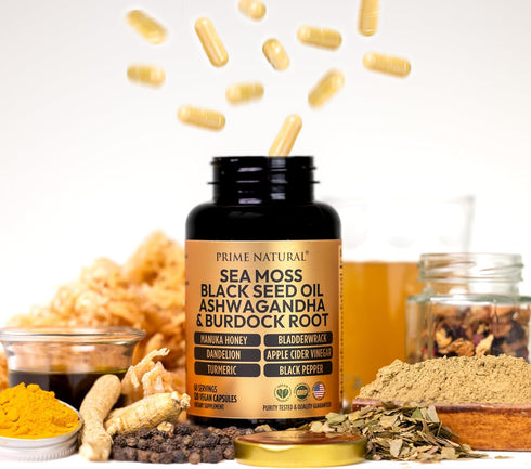 Sea Moss 3000mg Black Seed Oil 2000mg Ashwagandha 1000mg Turmeric 1000mg Bladderwrack 1000mg Burdock 1000mg Manuka Honey Dandelion ACV - 120 Capsu...