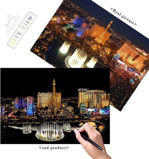 Scratch Painting Rainbow Paper by BOTEEN, Sketch DIY Art Craft City Series Night View Creative Gift, Scratchboard for Adults and Kids ,Craft Kits ...