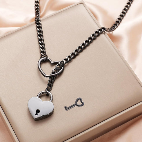 Heart O ring Slip Chain Necklace for Women Stainless Steel Cuban Chain Heart Necklace Punk Rock Collar Necklace Handmade Adjustable Lariat Y Neckl...