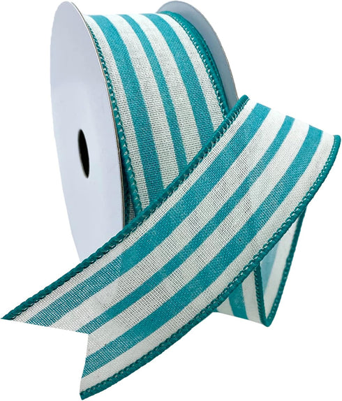 Morex Ribbon Wired Linen Spring Cabana Stripes Ribbon, 1.5 inches by 10 Yards, Teal, 7579.40/10-342...