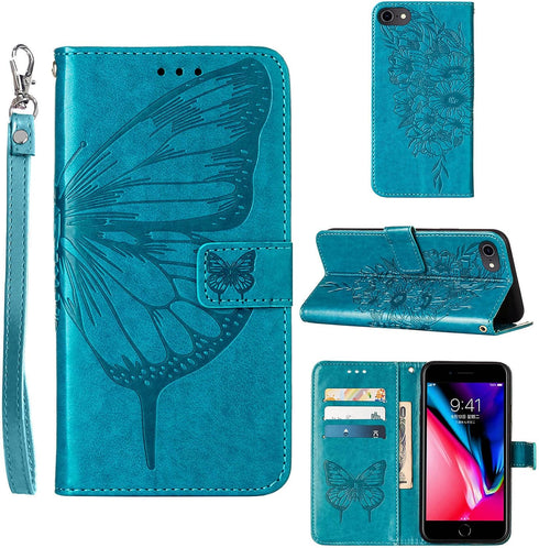 for iPhone SE 2022/SE 2020 Case, 6/6S/7/8 Wallet Case | Butterfly Floral Embossed, Wrist Strap, Card Holder Slots, Stand Leather Protective Flip C...
