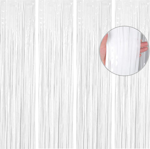 BTSD-home 4 Pack 3x 8ft White Foil Fringe Curtain Backdrop Party Streamers Decorations Metallic Photo Booth Tinsel Theme Bachelorette Graduation W...