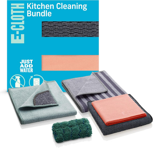 E-Cloth 5-pc Kitchen Bundle, Microfiber Cleaning Cloths Set with Dish Scrubber, Ideal Spotless Cleaner for Granite, Marble, Kitchen, Sink, Dish an...