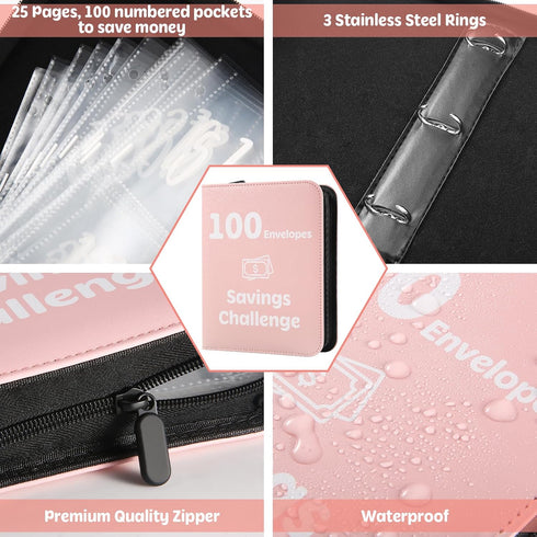 100 Envelopes Money Saving Challenge Binder with Laminated Tracker, Money Saving Challenge Budget Binder with Cash Envelopes, Savings Challenge Bo...