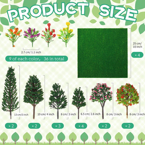 55 Pcs Miniature Colorful Flower Cluster Mini Model Trees Artificial Grass Mat Squares Set 36 Flower Tufts 15 Mixed Train Diorama Trees 4 Garden C...