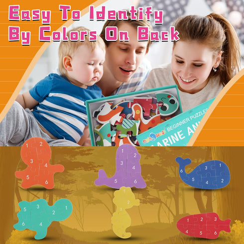 FLYINGSEEDS 6 Packs Marine Animals Shaped Wooden Jigsaw Puzzles, Beginner Puzzles for Toddlers, Montessori Learning Toys Preschool Educational Act...