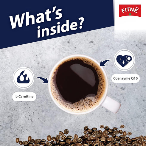 FITNE Instant Black Coffee Packets With Coenzyme Q10 L Carnitine High Antioxidant Low Calories Vegan Non Dairy No Sugar Sucralose Sweetener, 10 St...