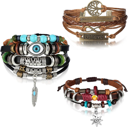 Hicarer 3 Pieces Multilayer Woven Leather Bracelets Western Bracelets Gifts for Women Beaded Bohemia Bracelet Evil Eye Boho Handmade Pu Bracelet W...