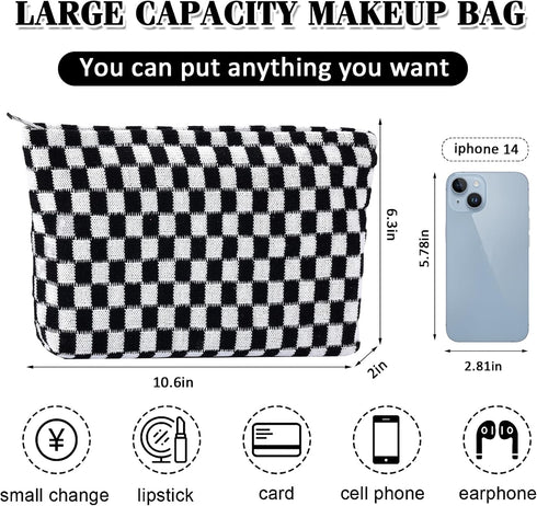 Checkered Makeup Bag for Women Large Capacity Black Travel Cosmetic Bag Set Makeup Pouch for Purse Zipper Toiletry Organizer Cute Y2K Aesthetic Tr...