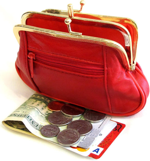 Womens Leather Mini Wallet ID Credit Cards Cash Coin Holder Case Organizer Purse with Framed & Zipper Closures - RED, (COIN03-RED)...