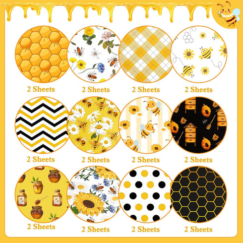 Konsait 24 Sheets Bee Scrapbook Paper 12x12 Yellow Pattern Paper Double Sided Scrapbook Paper Craft Paper for DIY Bee Tissue Paper Bee Birthday Pa...