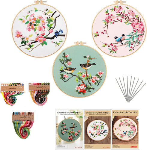 Chwang 3 Sets Embroidery Starter Kit with Bird Pattern, Embroidery Kit for Beginners Include Embroidery Hoop, Fabric, Threads and Needles for Cros...