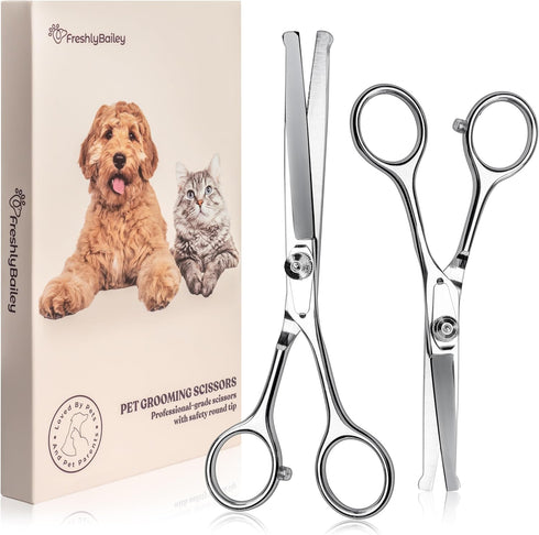 Pet Grooming Scissors Set With Round Tips For Dogs & Cats - Professional Grade Shears Safely Cut Through Dog or Cat Hair - Fur Trimming Made Easy ...