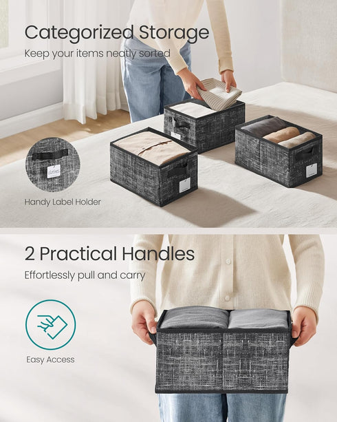 SONGMICS Storage Baskets, Set of 3 Fabric Storage Bins, 11.8 x 7.9 x 5.9 Inches, Foldable Closet Organizer for Shelves, 2 Handles, Label Holders, ...
