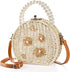 Handwoven Round Rattan Bag, 8" Straw Crossbody Bag with Adjustable Straps, Top Pearl Handle Wicker Tote Bag, Boho Summer Beach Basket Purse, Flowe...