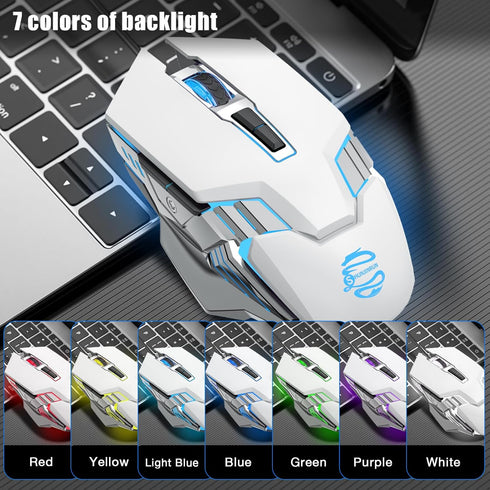 White Bluetooth Mouse, Rechargeable USB Wireless and BT5.0/3.0 Dual Mode Mouse with RGB Light, Side Buttons, 2400 DPI, Ergonomic Cordless Computer...