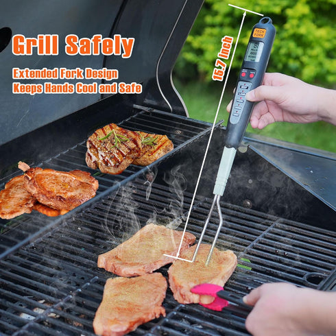 80-09 Digital Meat Instant Read Thermometer with LED Screen and Ready Alarm, Kitchen Probe with Long Fork for Grilling, Barbecue and Cookin, l, wh...