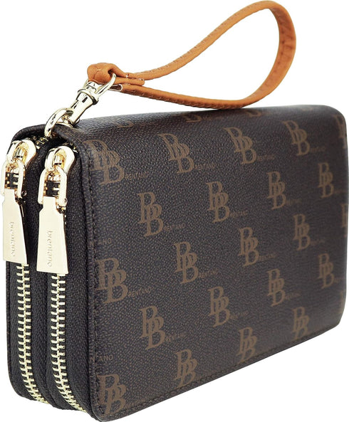 B BRENTANO Vegan Double-Zipper Wallet Clutch with Removable Wrist Strap (MB - Brown)...