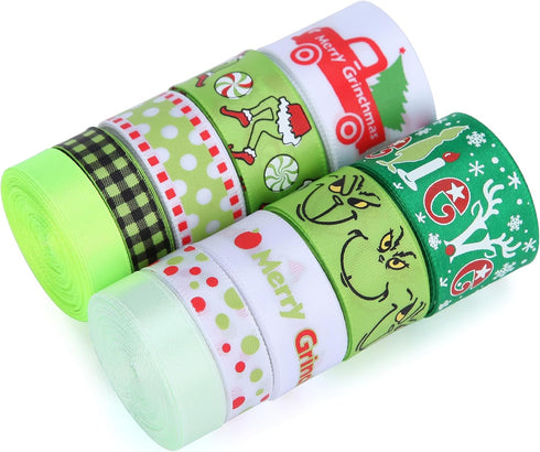 Red Green Ribbon 10 Rolls Total 50 Yards Christmas Craft Satin Ribbon Funny Cartoon Character Gift Wrapping Ribbon Decorative Ribbon for Xmas Tree...