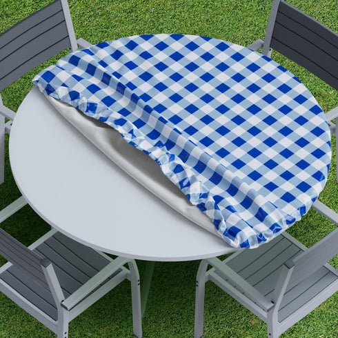 Sorfey Round Tablecloth -Fitted with Elastic, Vinyl with Flannel Back, Fits for Table 30 Inches Round,Water Proof, Easy to Clean, Checked Blue Des...