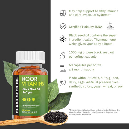 Noor Vitamins Halal Black Seed Oil Capsules, Halal Vitamins, 1000 mg Black Seed Oil from Nigella Sativa, Thymoquinone, Non-GMO, Gluten Free, 60 Co...