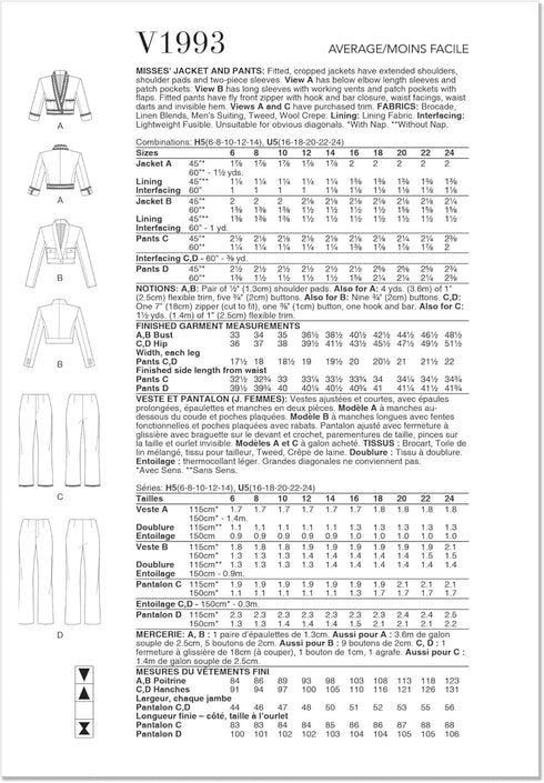 Vogue Misses Cropped Jacket and Fitted Pants Sewing Pattern Packet, Sizes 16-18-20-22-24, Multicolor...
