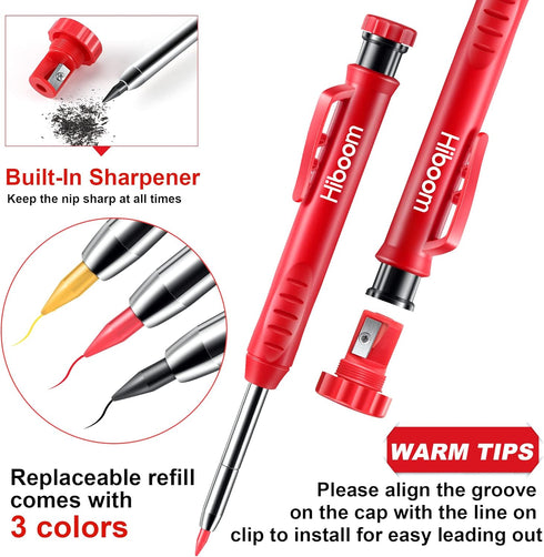 Hiboom 3 Pack Carpenter Pencils Set with 24 Refills, 2.8 mm Carpenters Mechanical Pencil Built in Sharpener Woodworking Marking Tool Solid Long No...